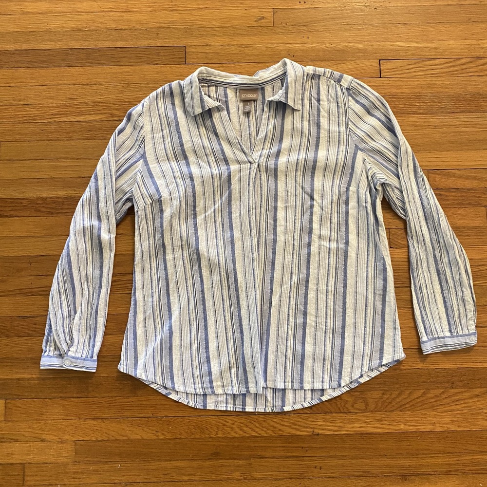 Chicos Shirt Womens Medium Striped Long Sleeve Button Cuff Top Blouse Work Casua